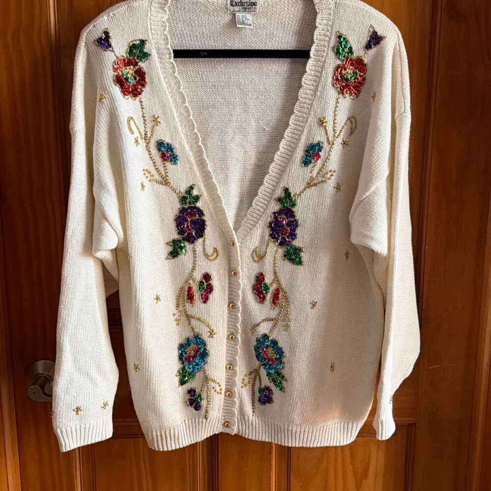 Vintage Sequined Cardigan Sweater XL Exclusive Imports Gold Buttons